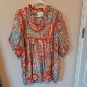 Umgee 1XL Coral & Aqua Paisley Peasant Blouse, Loose & Flowy